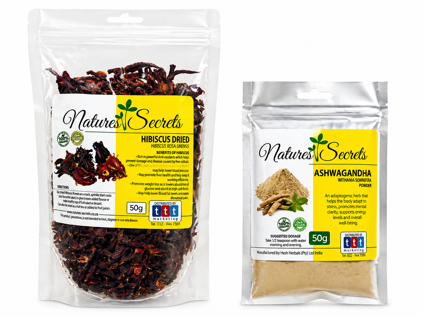 Hibiscus dried flowers 50g and Ashwagandha powder 50g